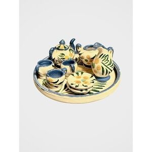 Handmade Ceramic‎ Miniature Tea Set - Signed By Artist - Blue And Yellow - 10 Pc